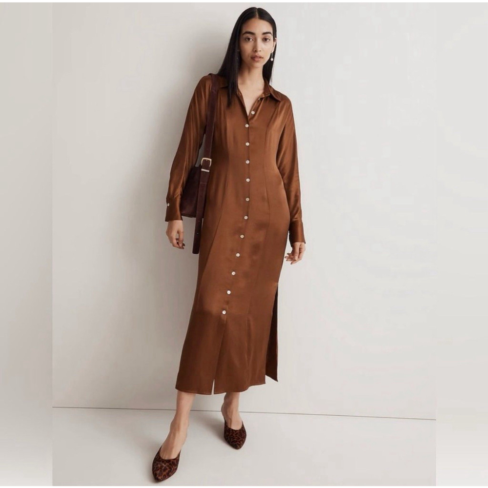 Madewell NWT Satin Button-Front Midi Shirtdress Classic Cedar Brown Long Sleeve